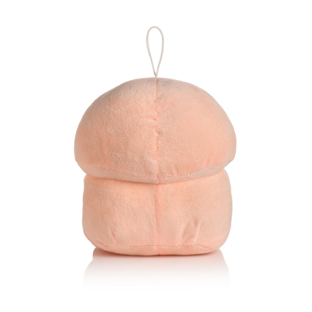 A soft, peach-colored plush toy with a loop for hanging.