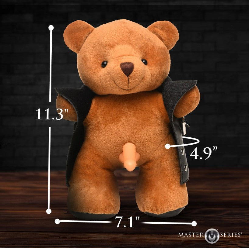 A brown teddy bear wearing a black jacket with a visible phallic attachment.