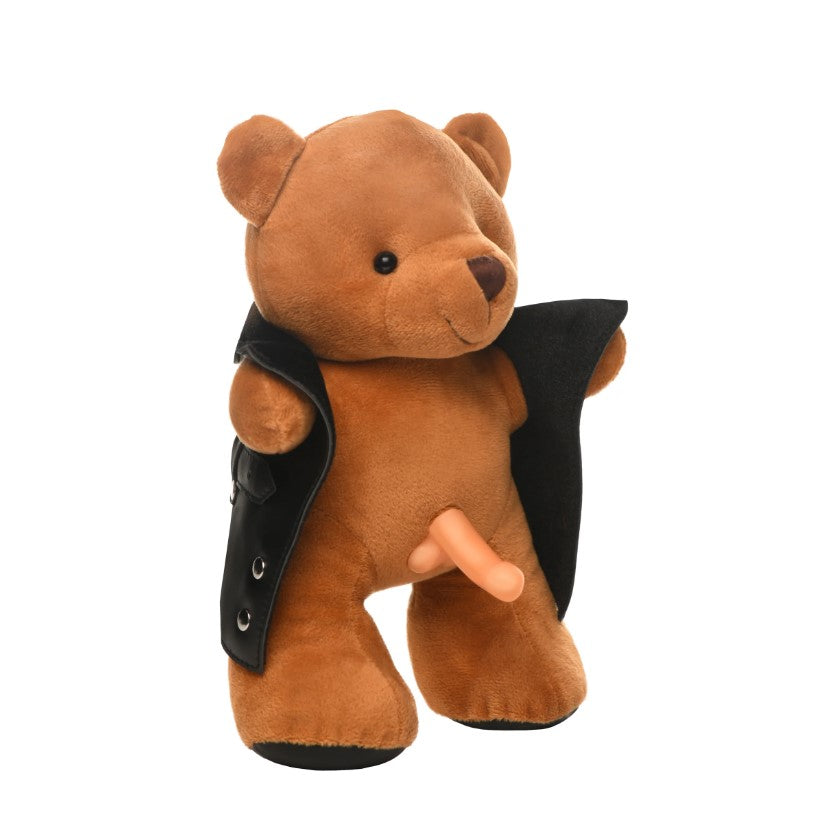 Brown teddy bear wearing a black jacket with a visible phallic appendage.
