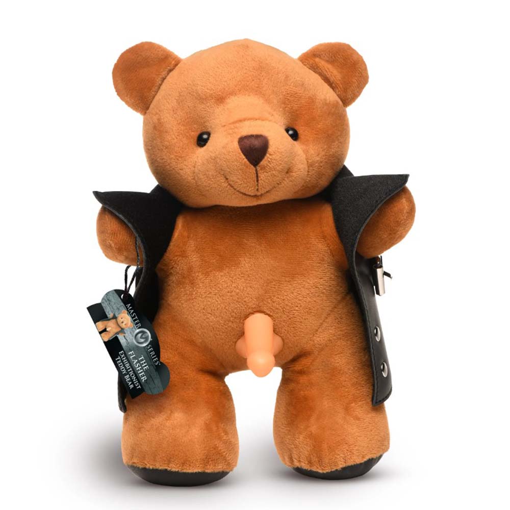 Brown teddy bear wearing a black jacket with a visible penis.
