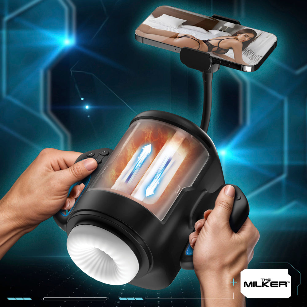 Cyber Milker masturbator with phone mount, dual stimulation, and self-heating.