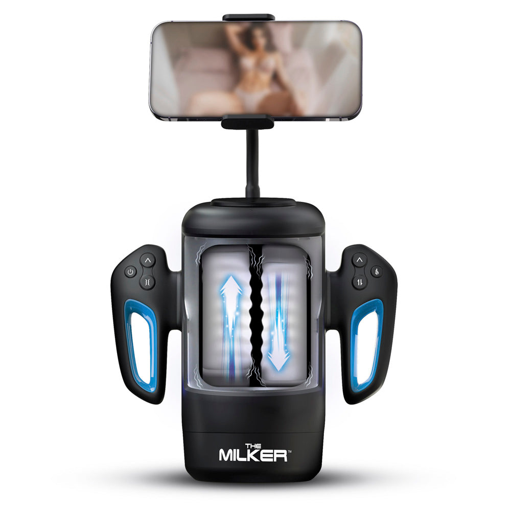 Cyber Milker masturbator with phone mount, dual stimulation, and self-heating.