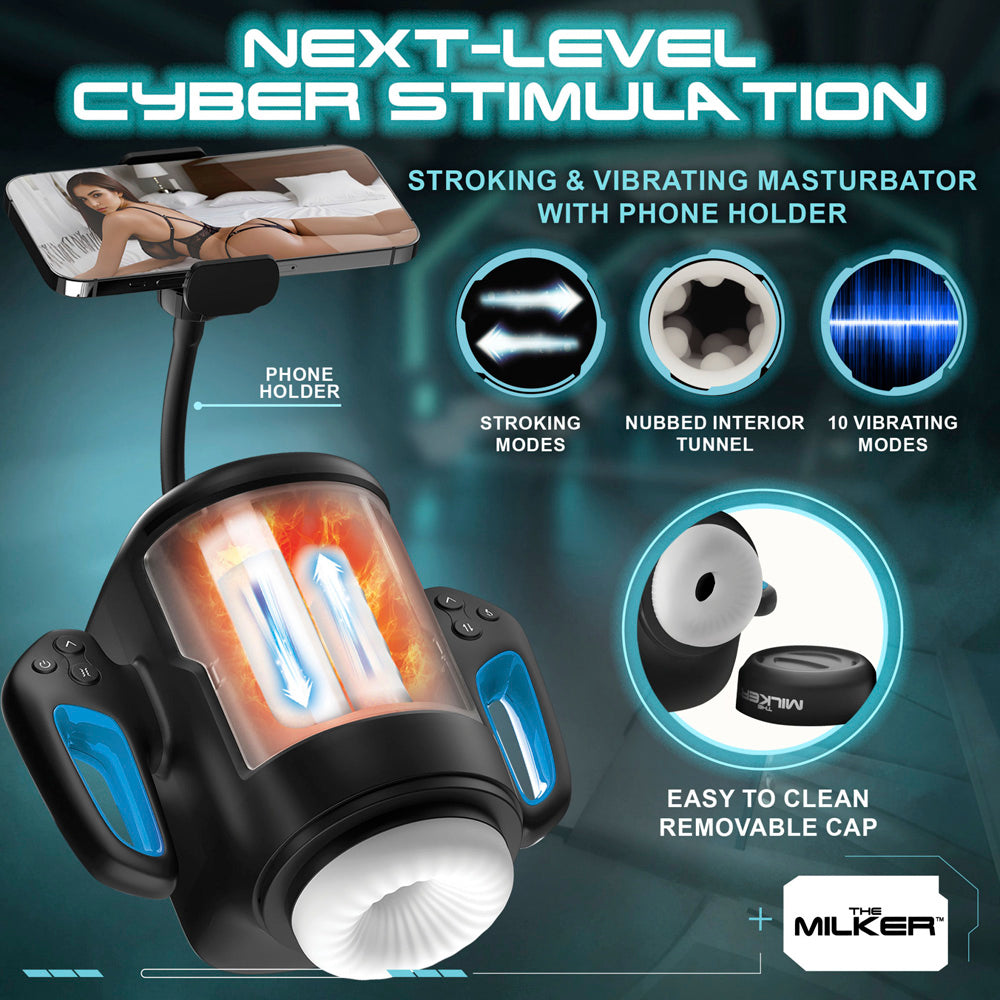 Cyber Milker masturbator with phone mount, stroking and vibrating features.