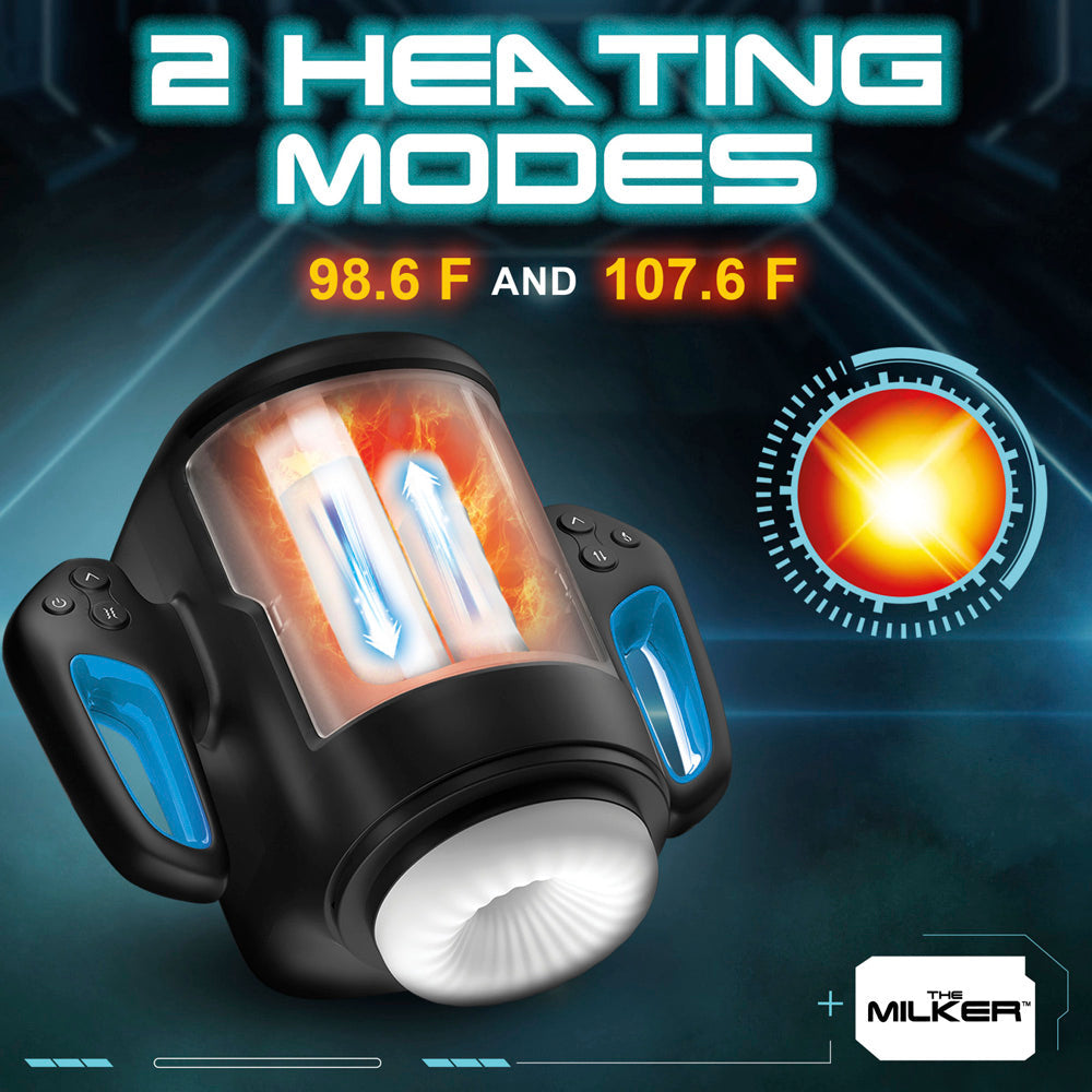 A black masturbator with two internal heating elements and blue accents.
