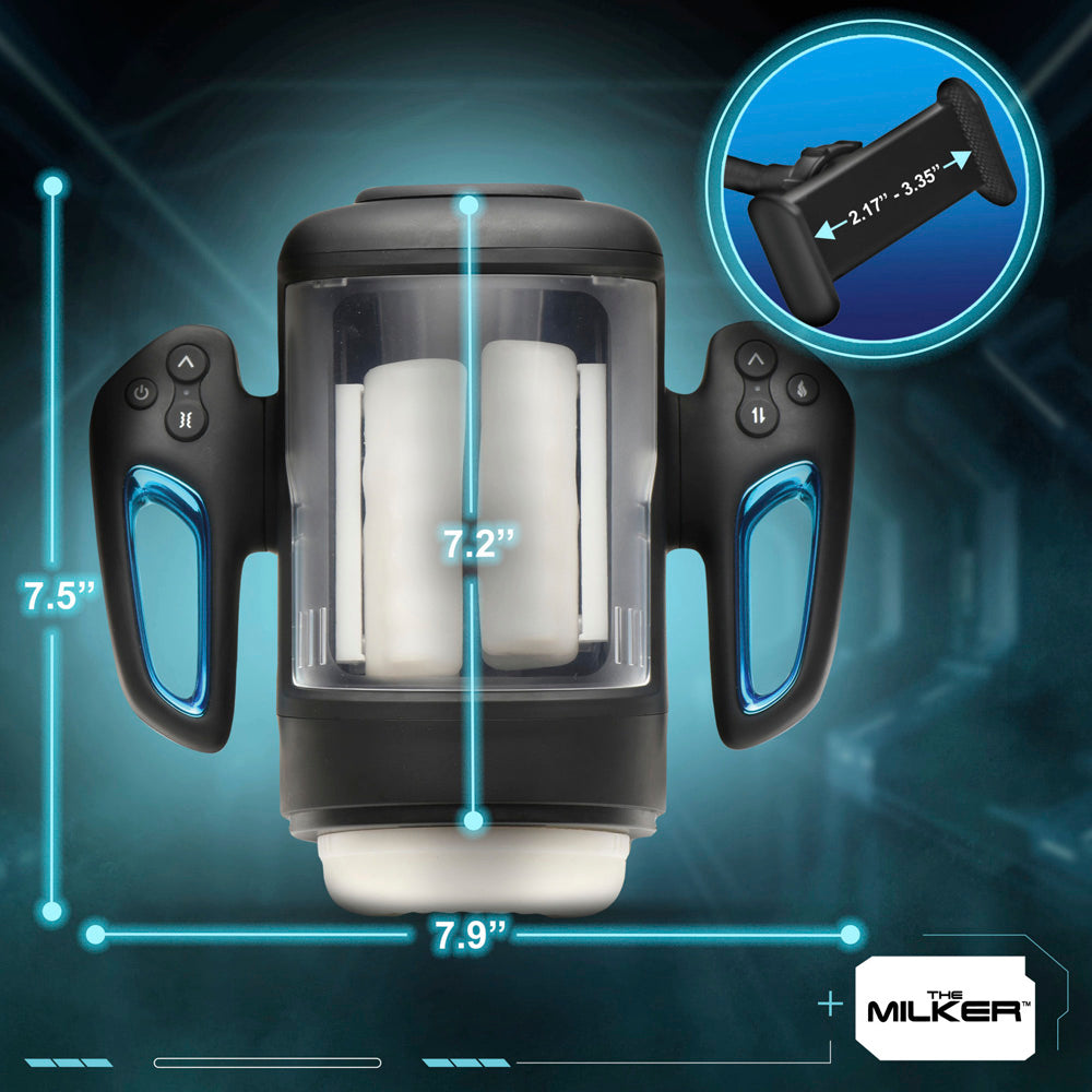 Cyber Milker masturbator with dimensions and phone mount.