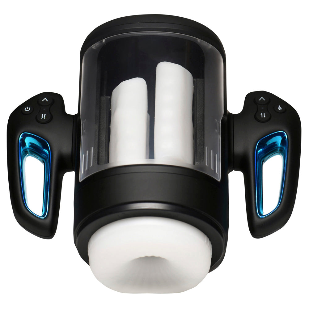 Black and clear masturbator with blue accents and two white internal cylinders.