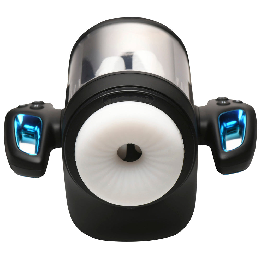 Black masturbator with clear top, white textured opening, and blue-lit side controls.