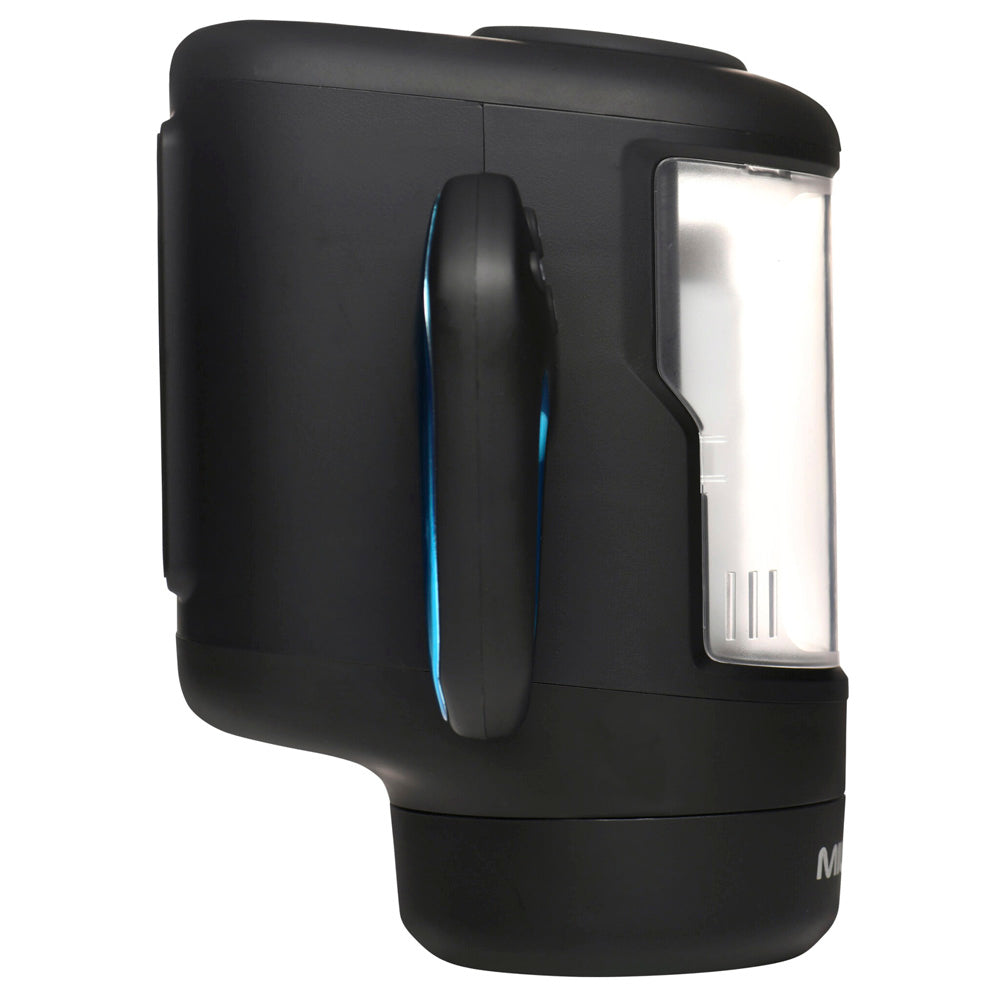 Black masturbator with a clear water level indicator and blue light accents.