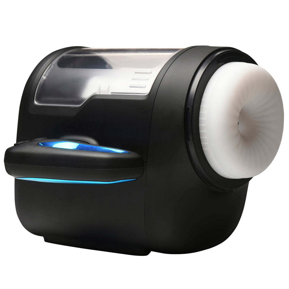 Black vibrating masturbator with a white textured opening and blue LED lights.