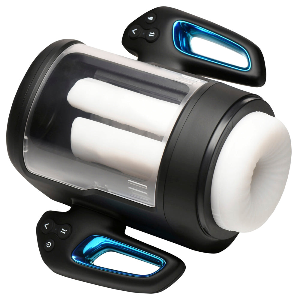 Black and clear masturbator with blue accents and two white internal cylinders.