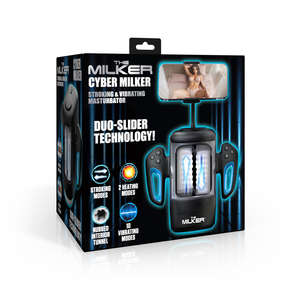 Cyber Milker stroking and vibrating masturbator with phone mount.