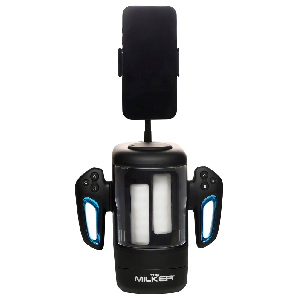 Black masturbator with phone mount, dual controls, and internal stroking elements.