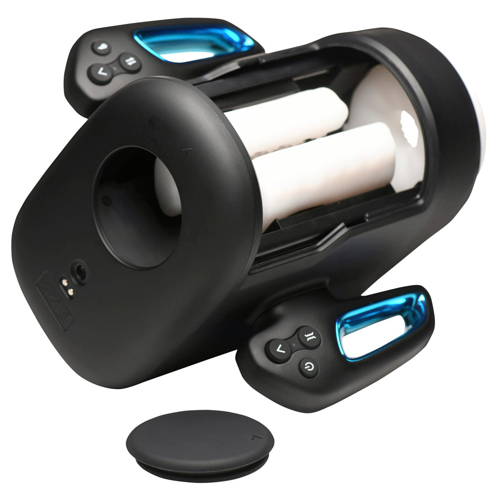 Black masturbator with two white inserts, blue lights, and remote controls.