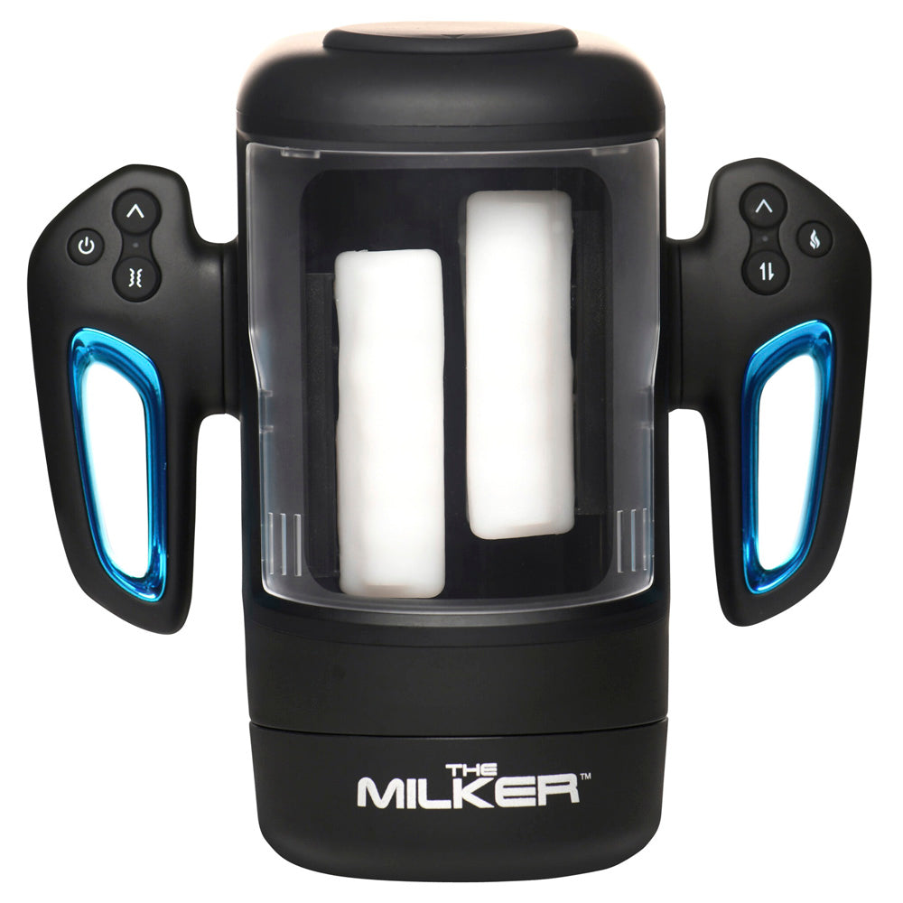 Black Cyber Milker masturbator with blue accents and two white inserts.