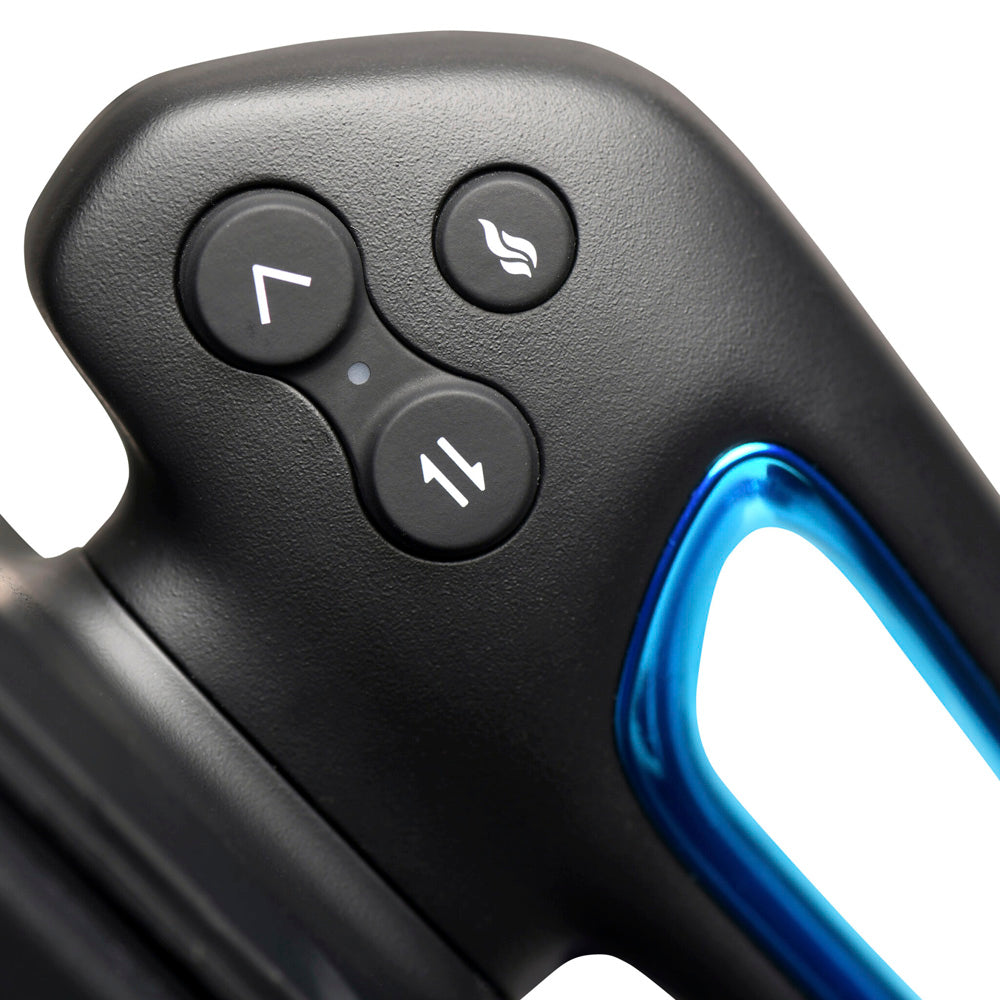 Close-up of a black masturbator with three buttons and a blue illuminated accent.