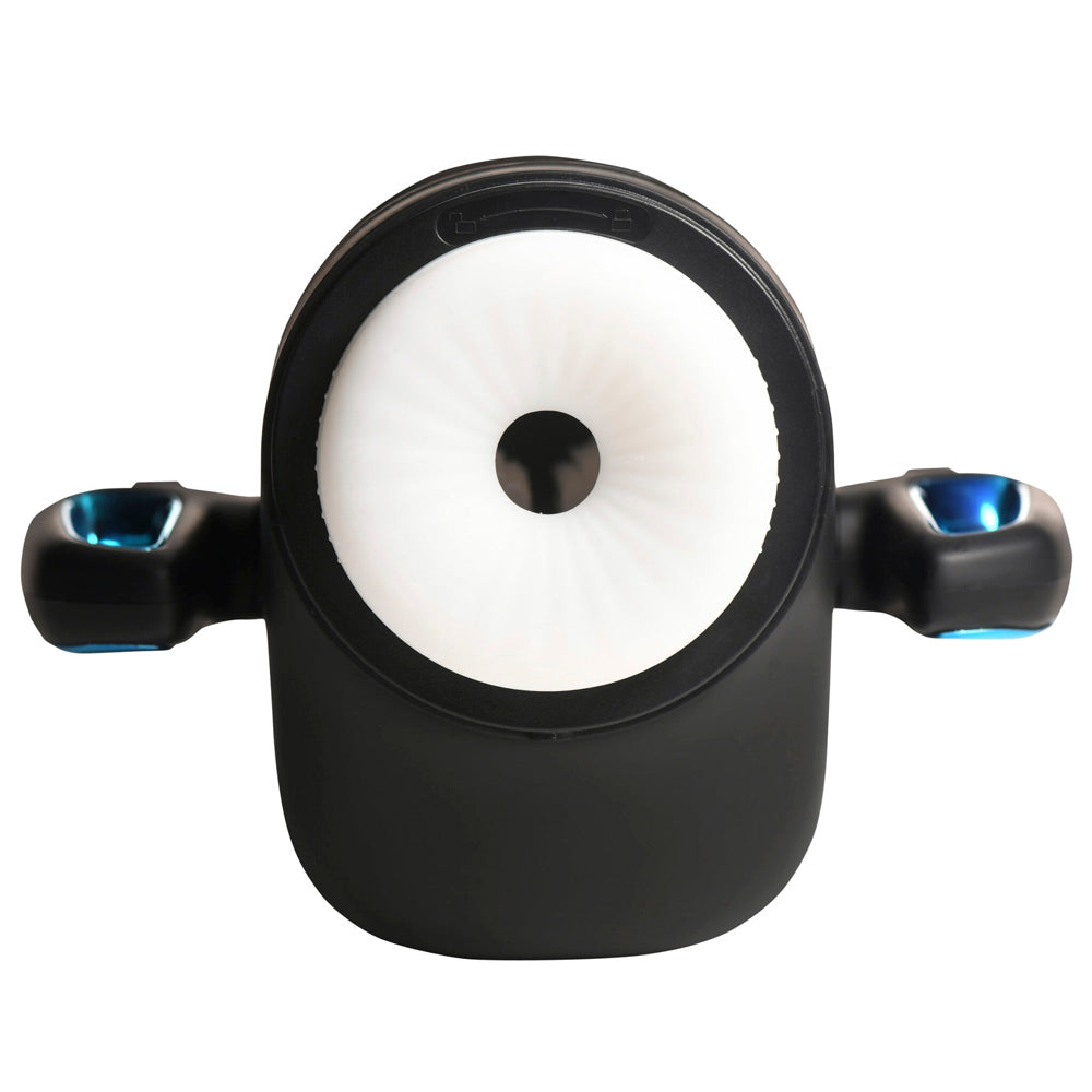 Black masturbator with white textured opening and blue accents.