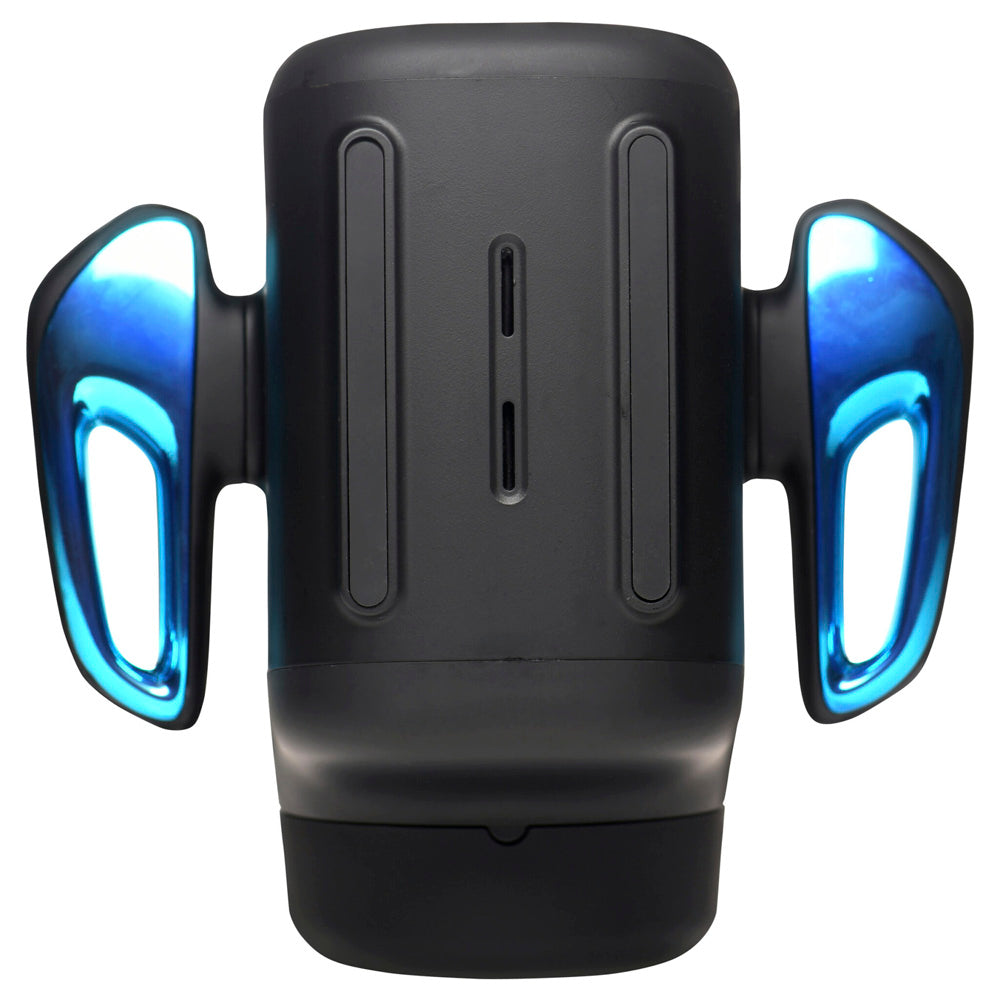 Black masturbator with blue glowing arms and a phone mount.