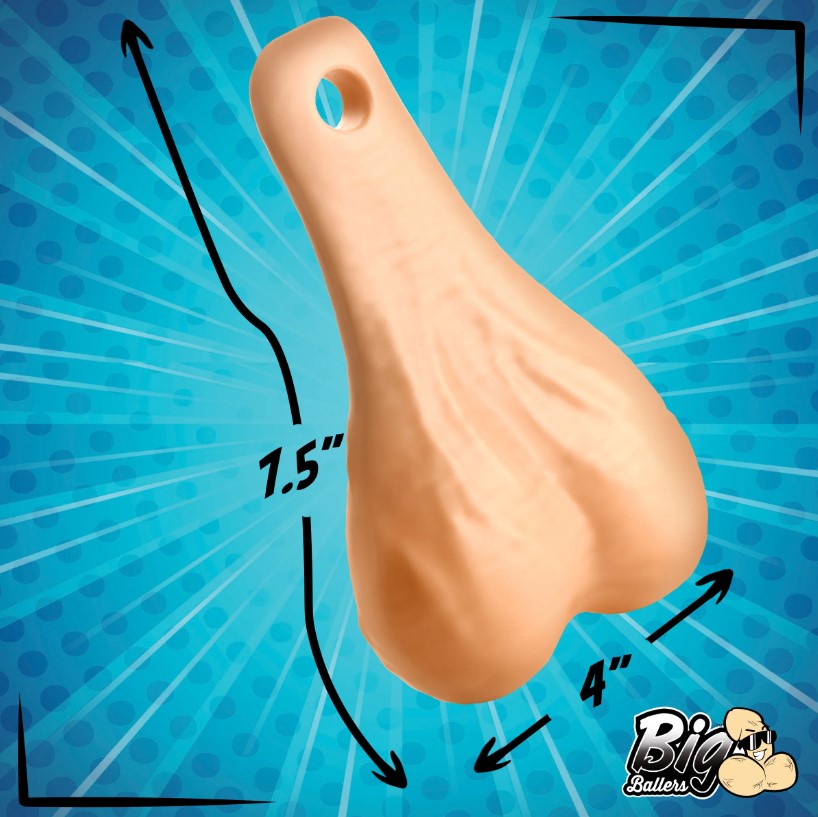 A light plastic gag gift resembling testicles, measuring 7.5 inches long and 4 inches wide.