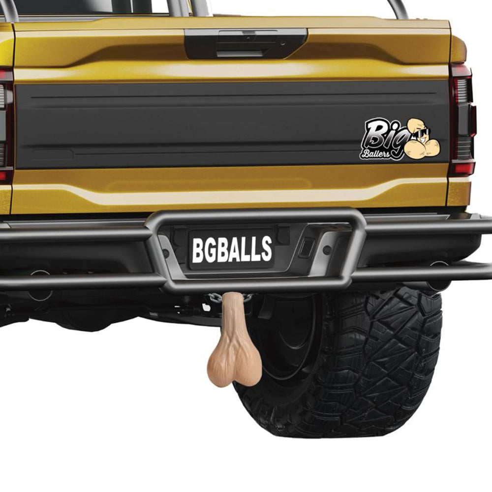 Extra large truck nuts gag gift for car hitch.