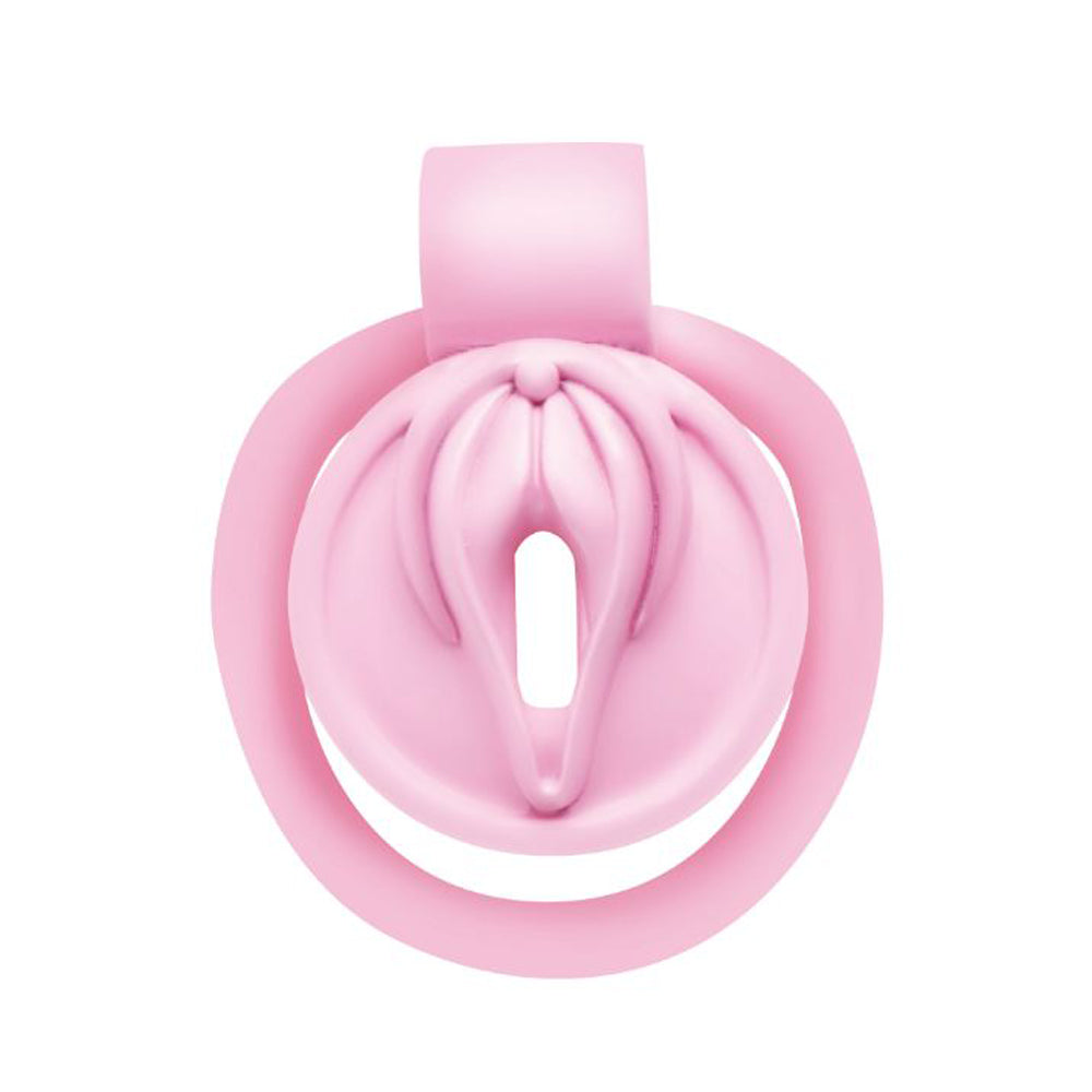 Pink feminizing chastity cage with a vulva design and a ring.