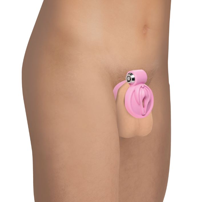 Pink feminizing vulva chastity cage with a silver locking mechanism.