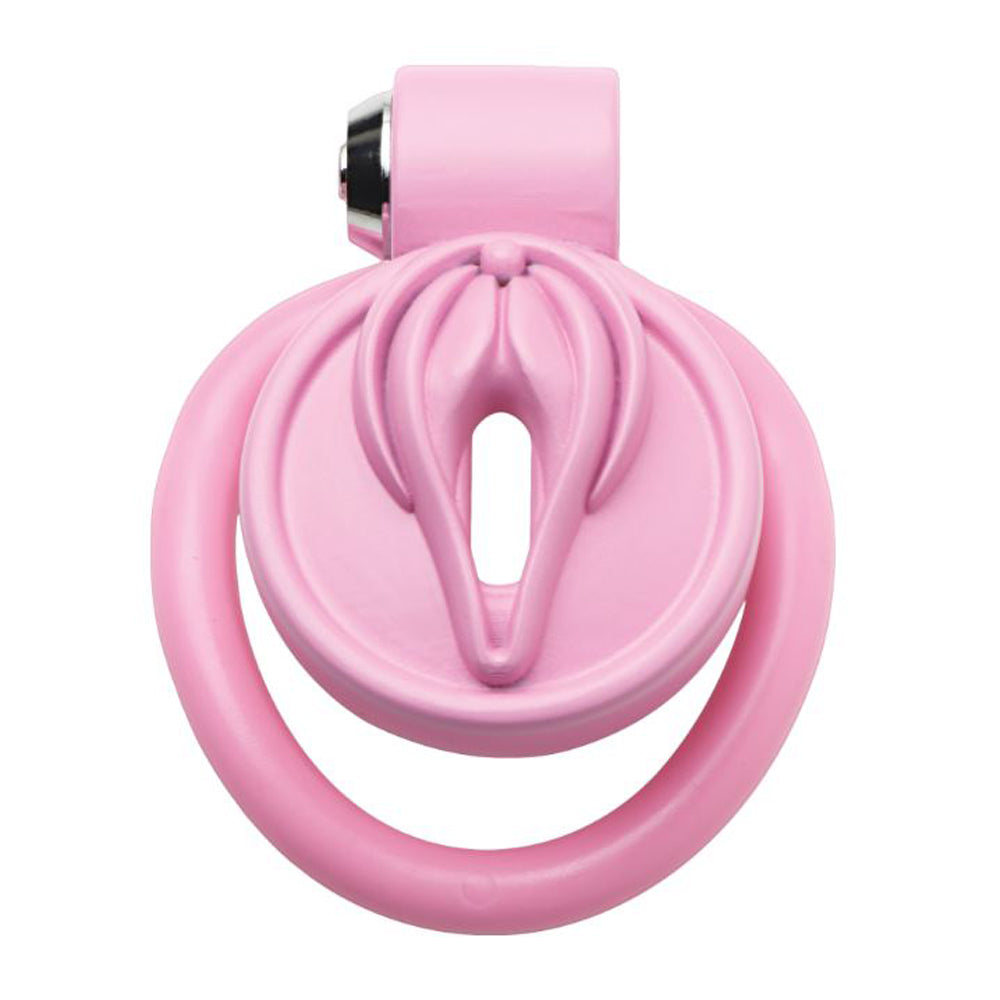Pink feminizing vulva chastity cage with a metal locking mechanism.