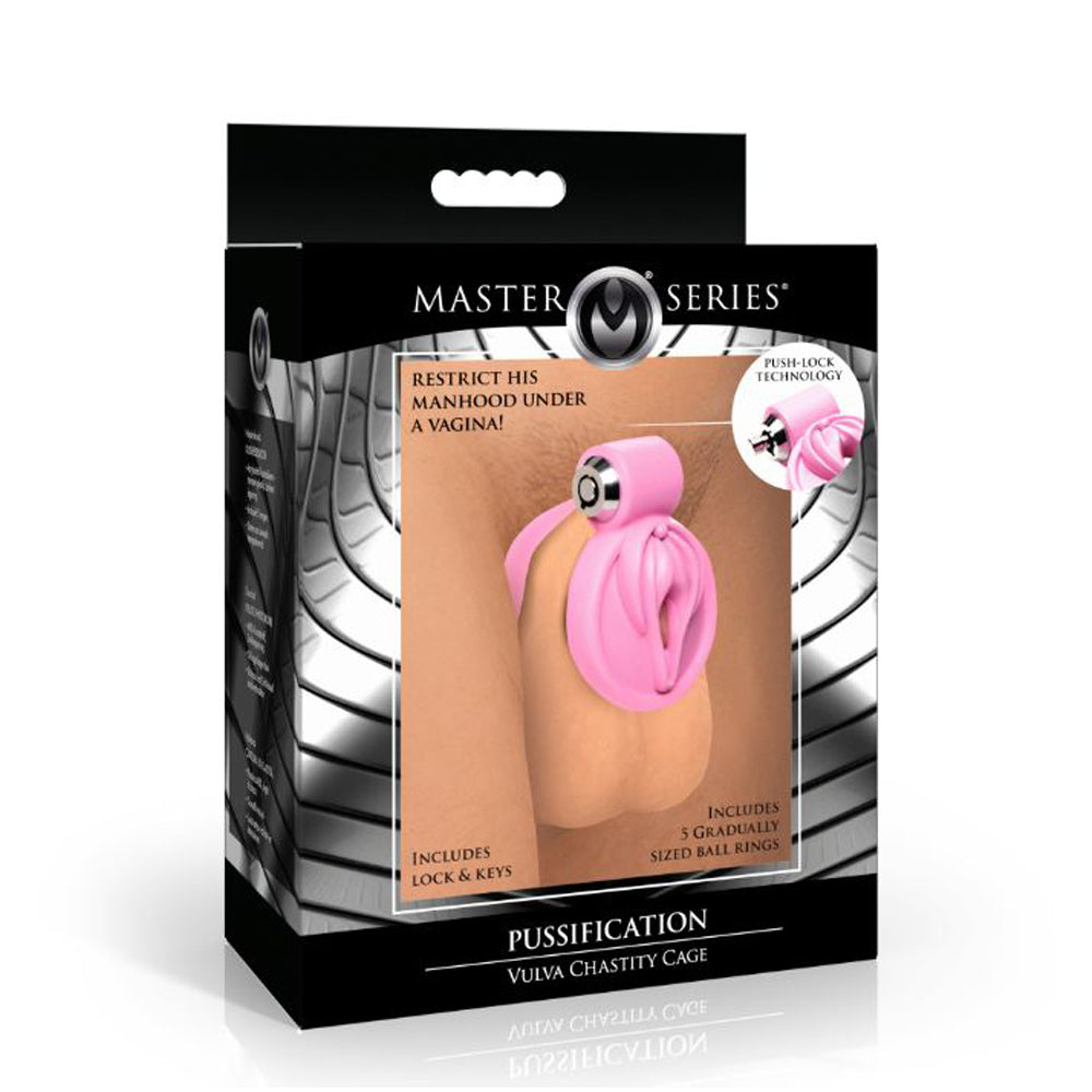 Pink feminizing vulva chastity cage with lock and keys.