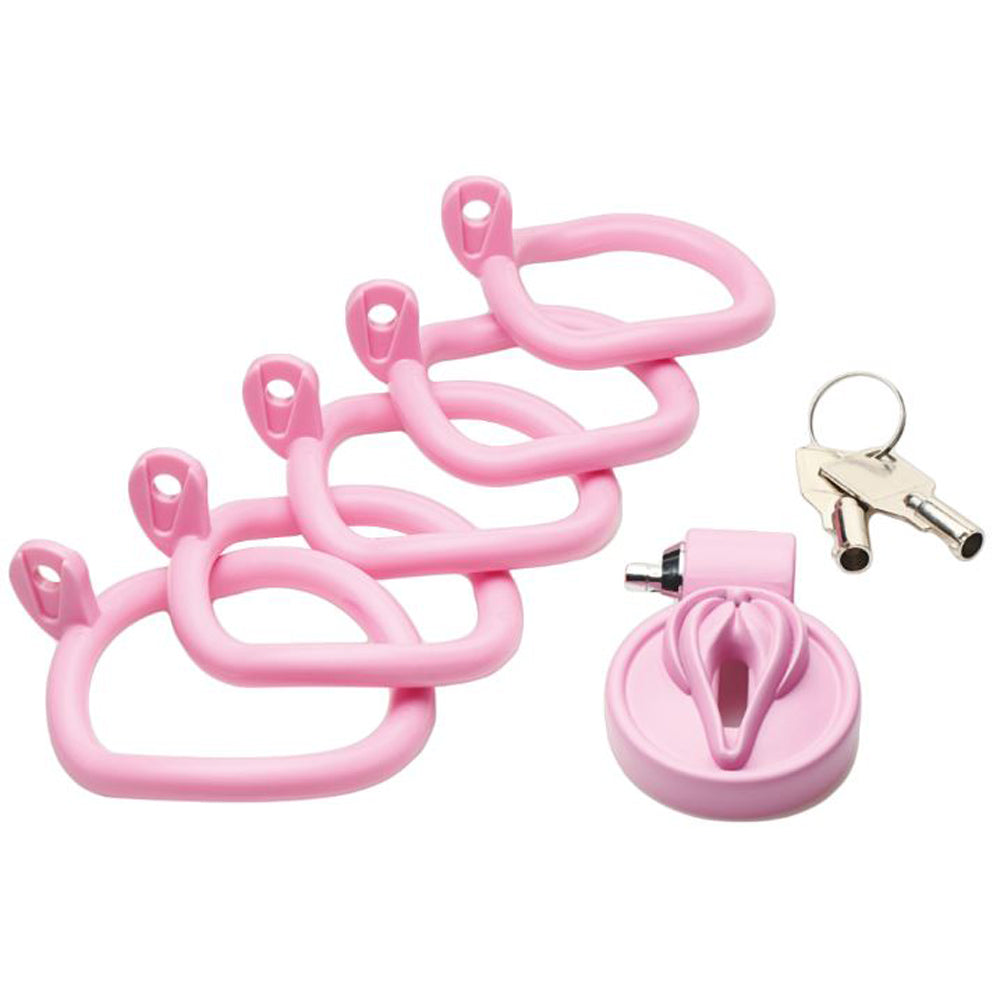 Pink feminizing vulva chastity cage with five rings and two keys.
