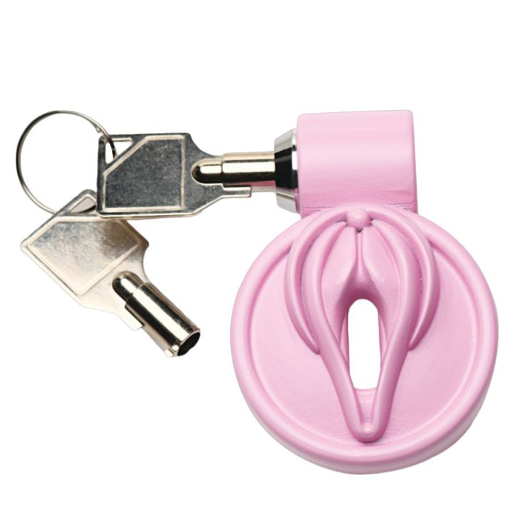 Pink feminizing chastity cage with two keys.
