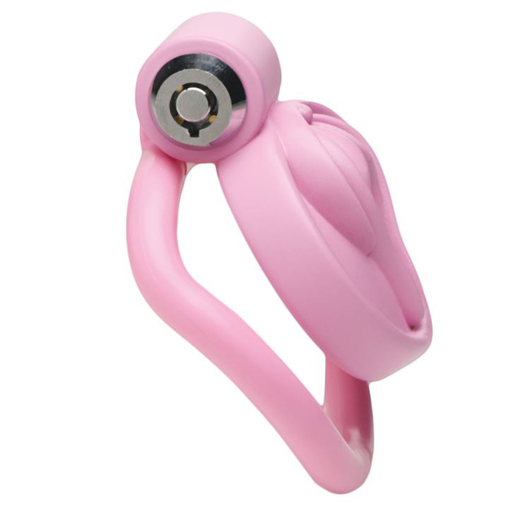 Pink feminizing vulva chastity cage with a metal lock.