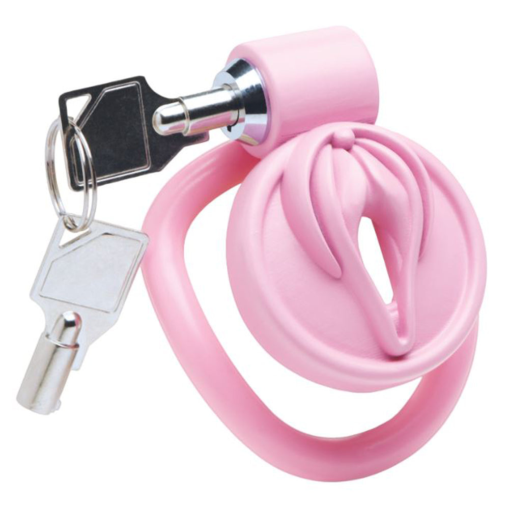 Pink feminizing vulva chastity cage with two keys.