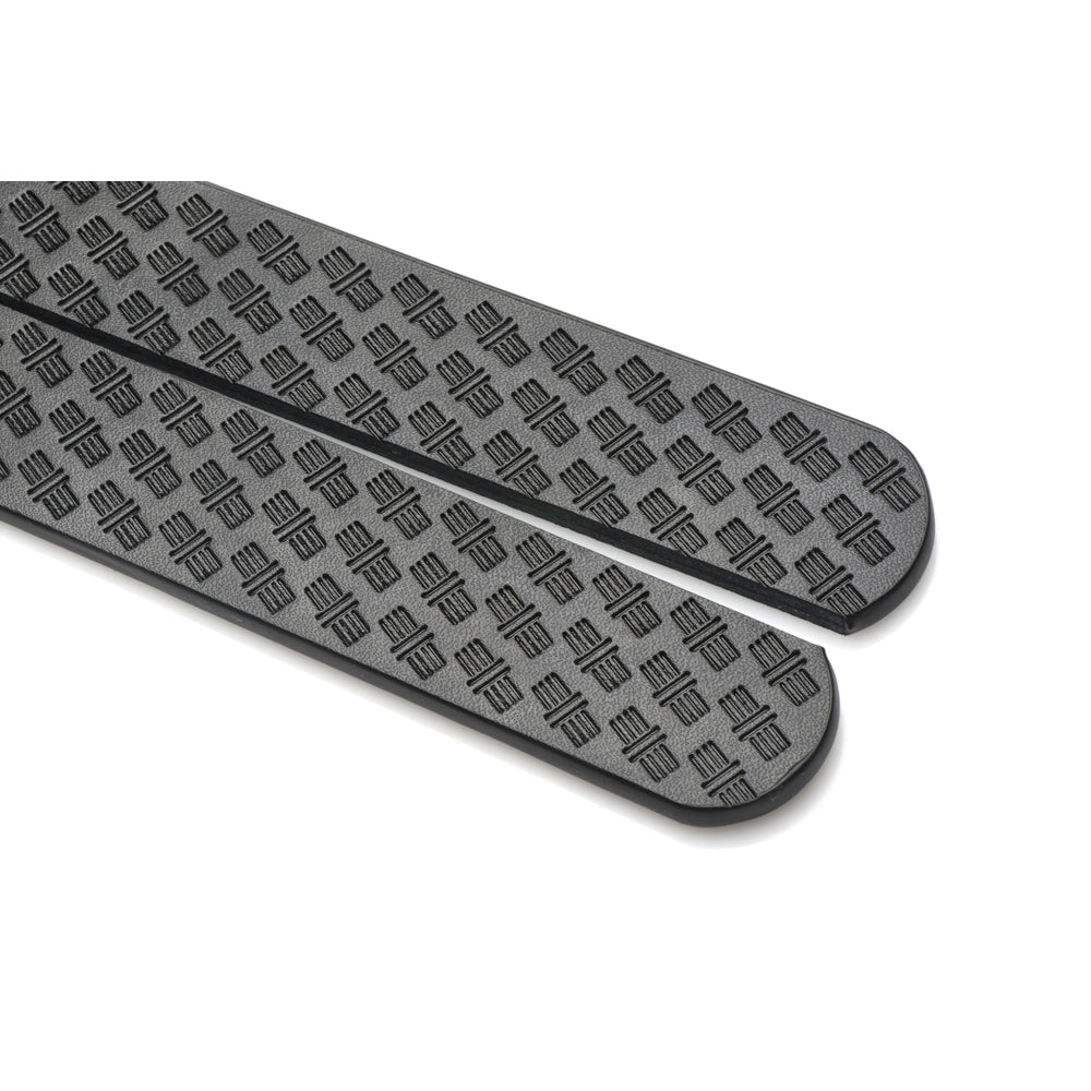 Black vegan leather strips with a textured pattern.
