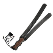 Split-tongue vegan leather discipline whip with a textured handle.