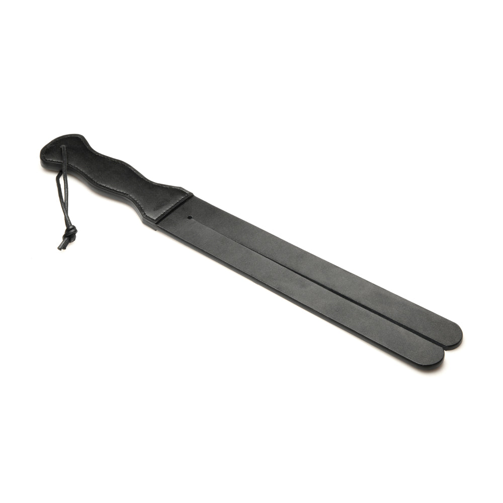 Black vegan leather Scottish tawse with a split tongue and curved handle.