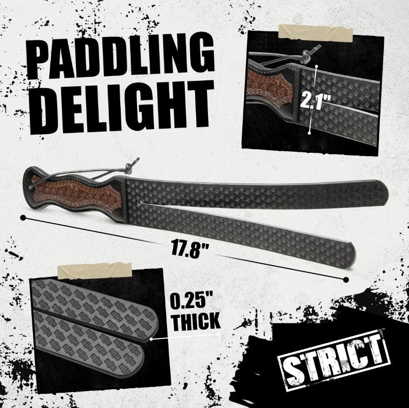 A black and brown vegan leather Scottish tawse whip, 17.8 inches long and 2.1 inches wide.