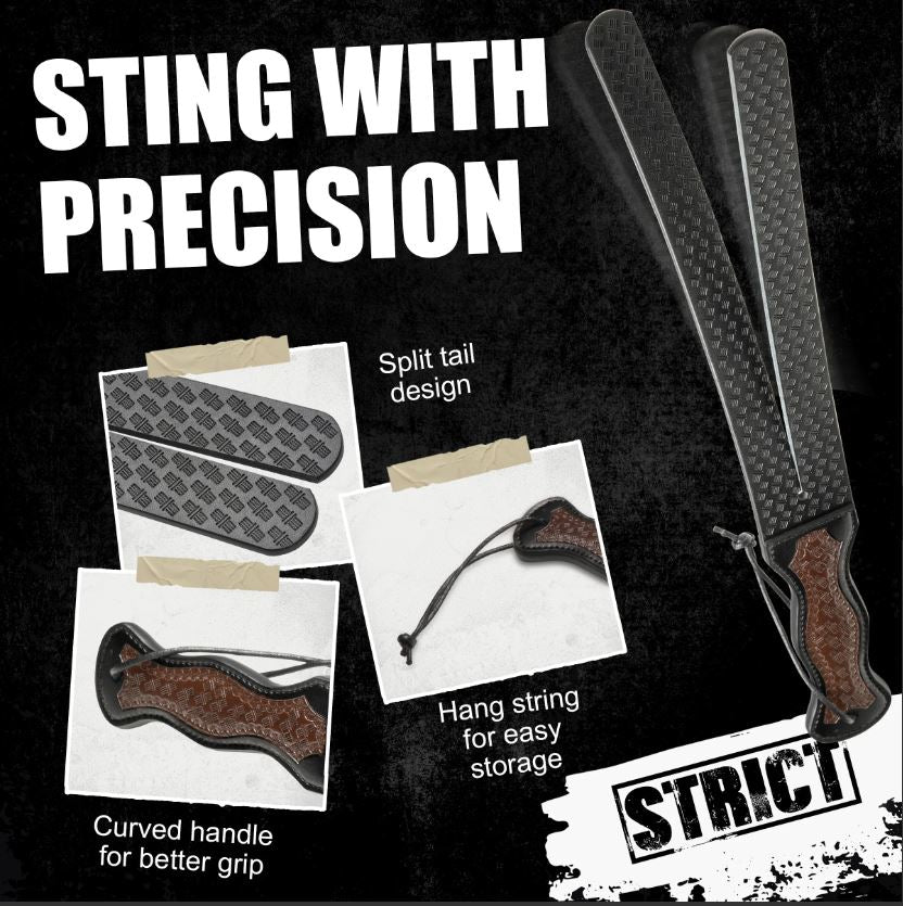 Scottish Tawse split-tongue vegan leather discipline whip with curved handle.