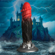Red and black fantasy dildo with a spiked base and suction cup.