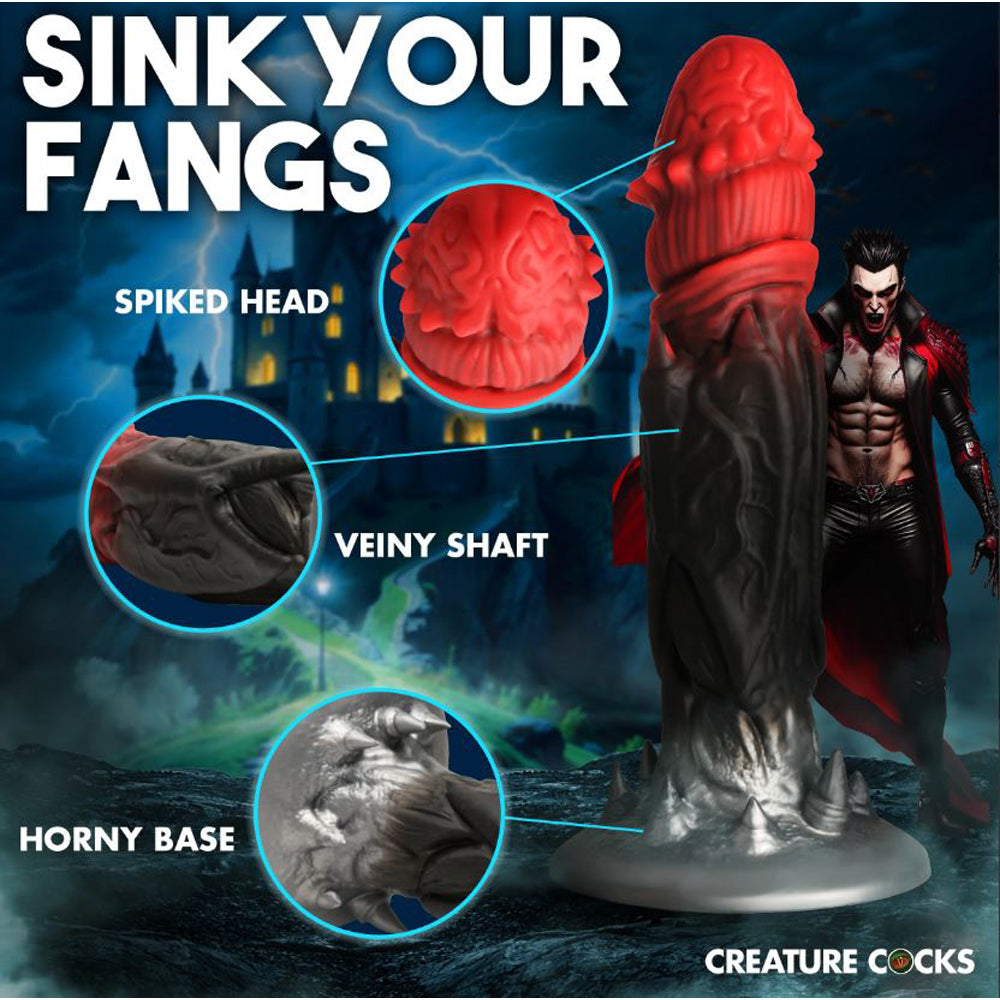 Dracula-themed silicone dildo with a spiked head, veiny shaft, and suction cup base.