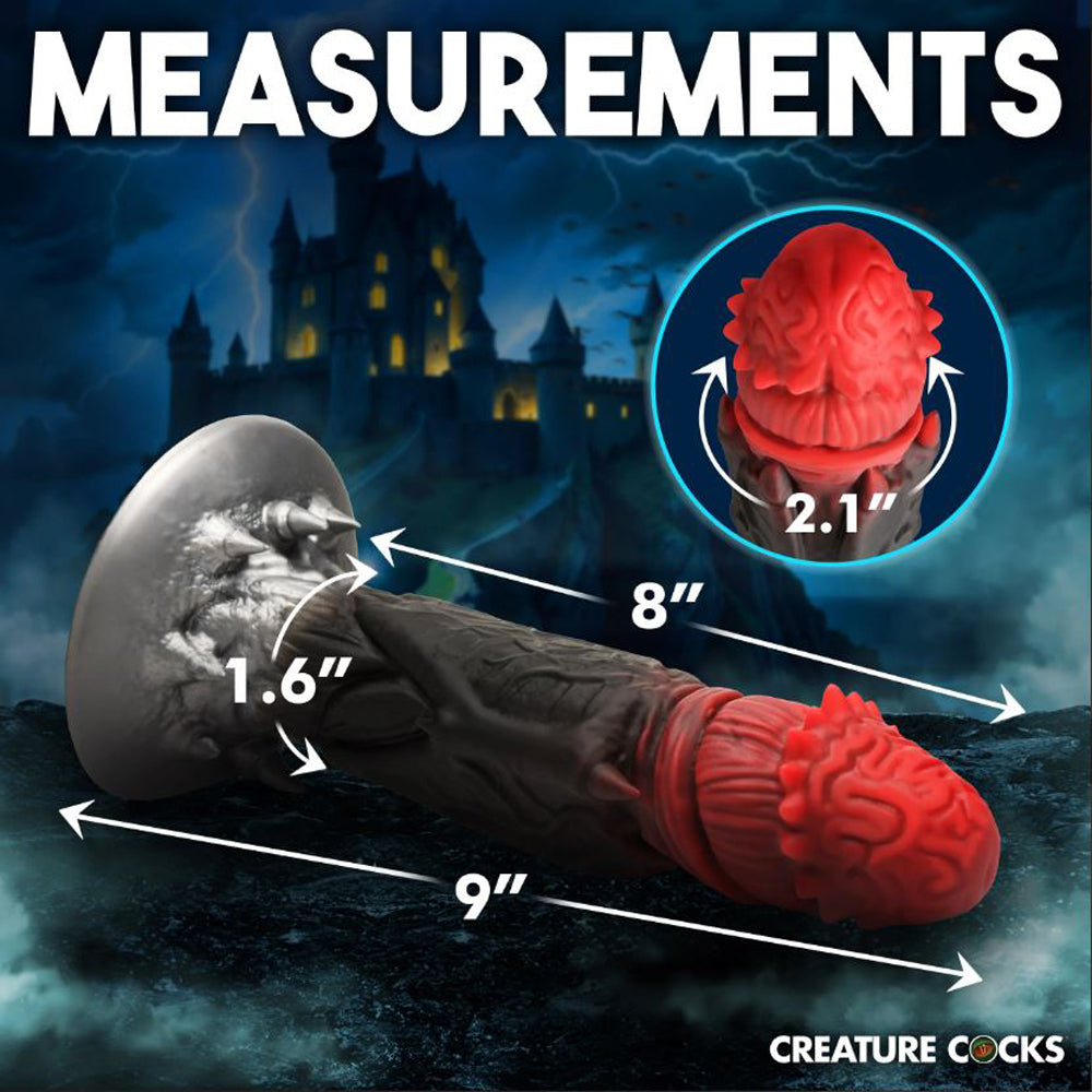 A fantasy silicone dildo with a brain-like head, textured corona, veiny shaft, and bat wings.