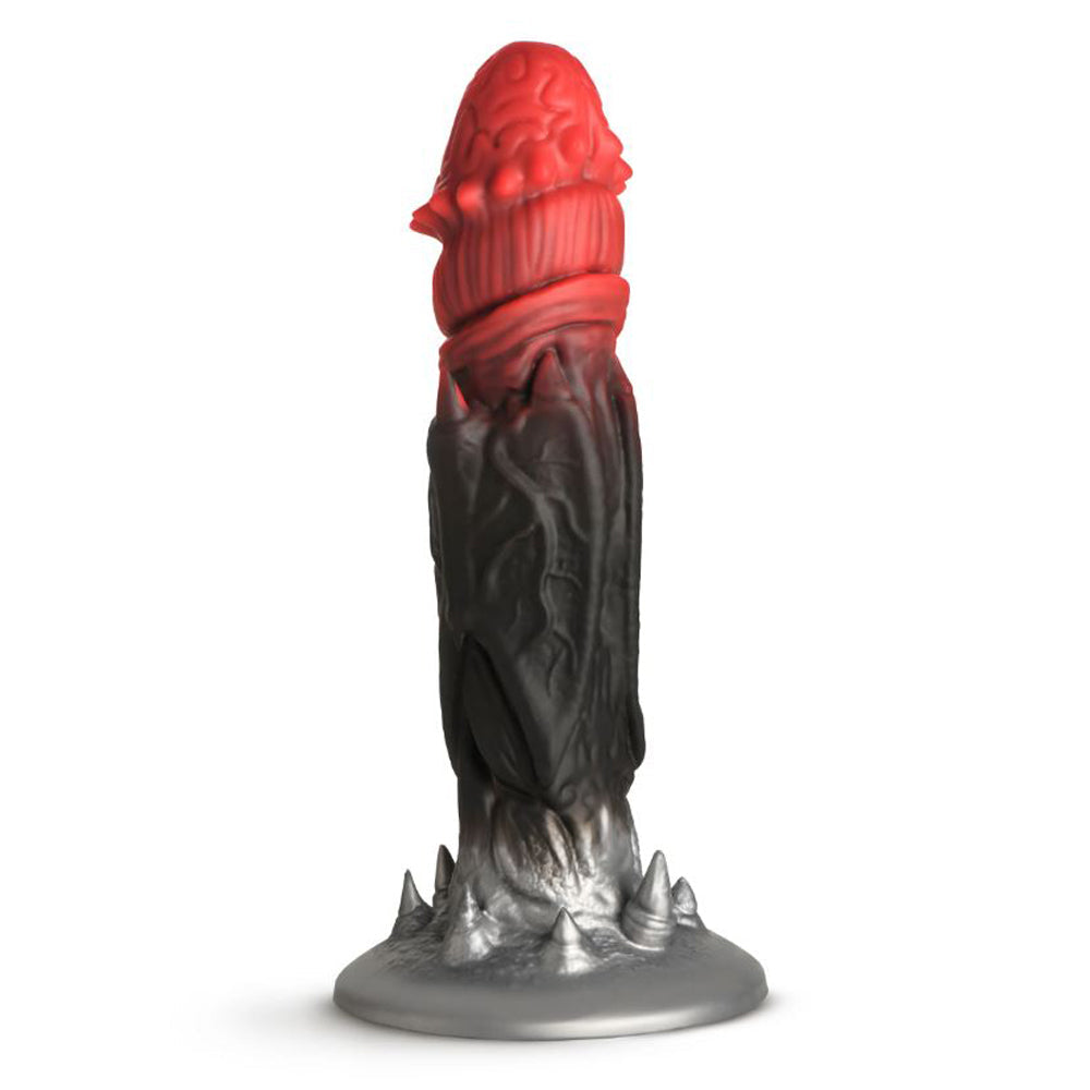Red and black fantasy dildo with a spiked base.