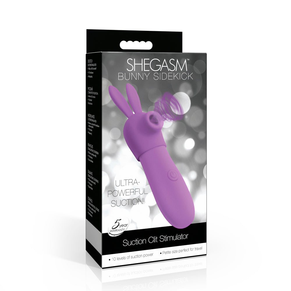Purple bunny-shaped suction clitoris stimulator with 10 suction levels.