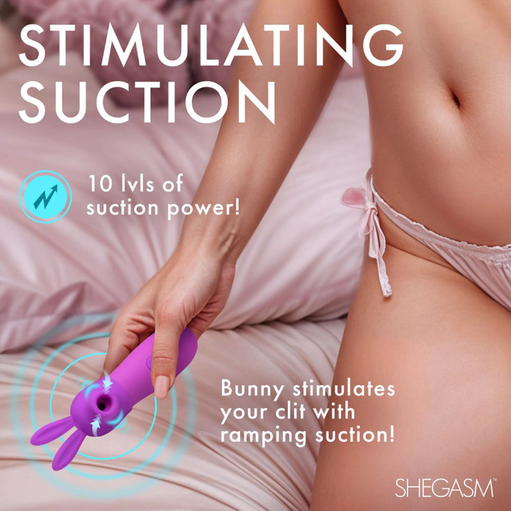 A pink bunny-shaped clitoral stimulator with suction features.