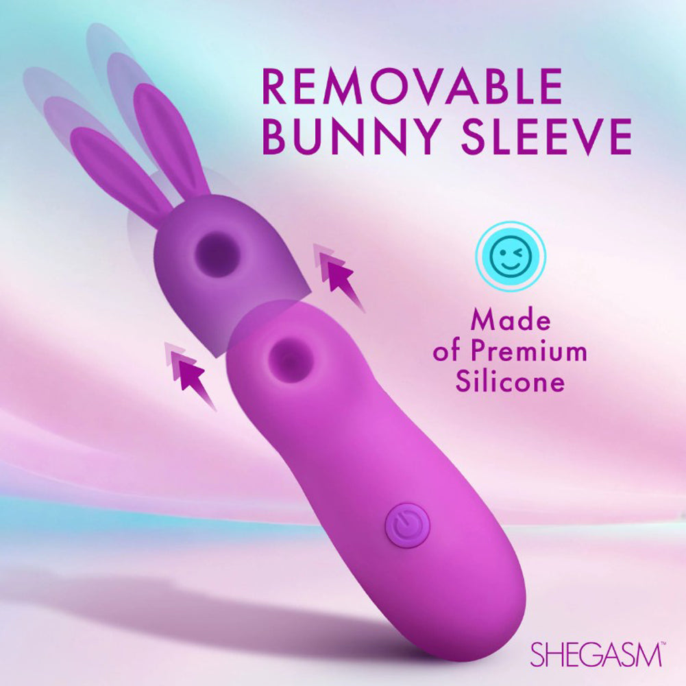 Purple silicone bunny clitoris stimulator with removable sleeve.
