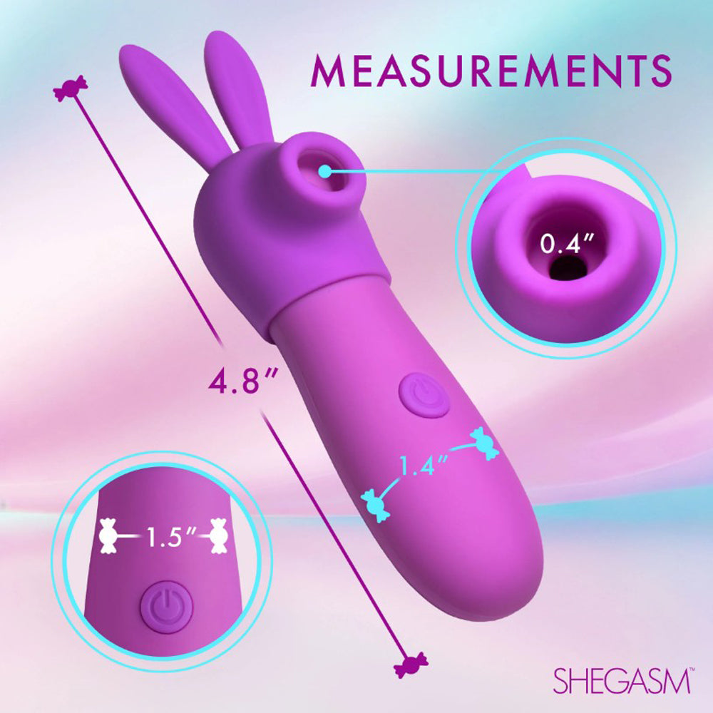 Purple bunny clitoris stimulator with measurements.