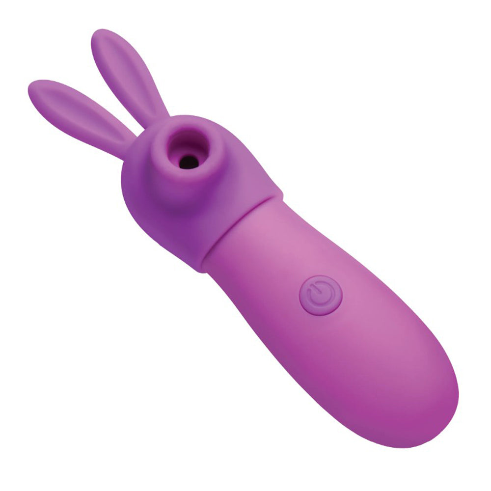A pink silicone bunny clitoris stimulator with a power button.