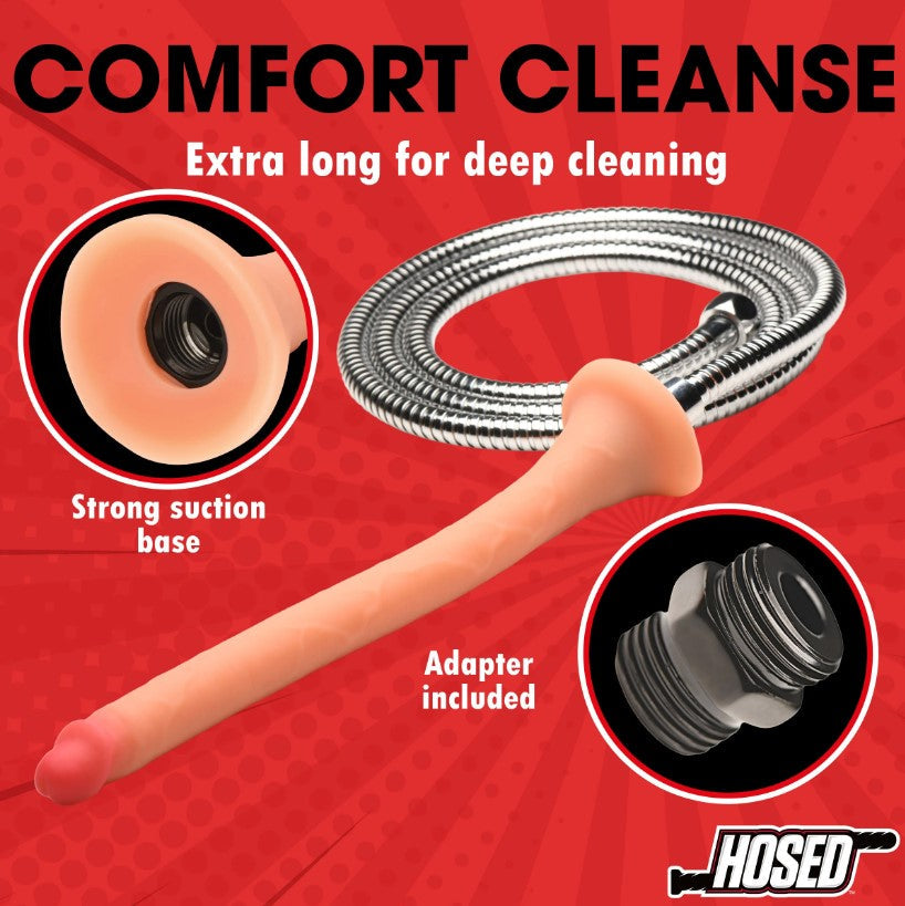 Slim silicone enema hose with realistic shaft, suction base, and adapter.
