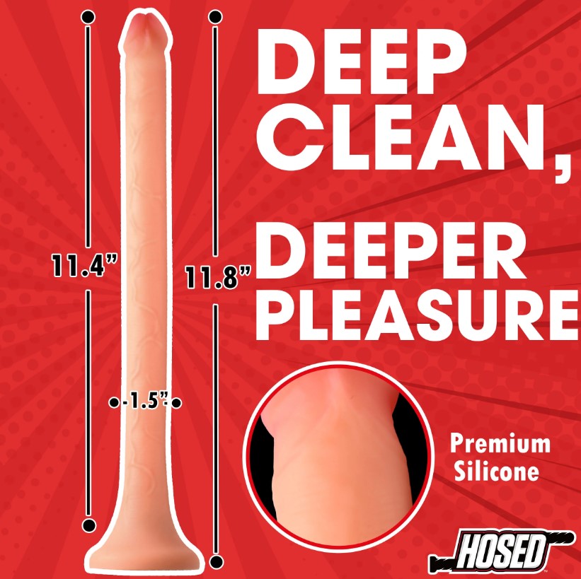 A 12-inch slim silicone enema hose with a realistic shaft and head.