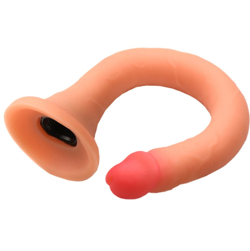 Curved peach silicone enema hose with a red tip and black opening.