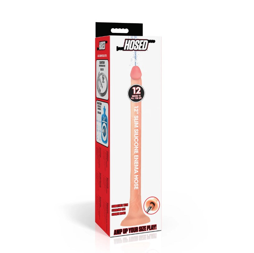 A 12-inch slim silicone enema hose with a realistic shaft on its packaging.
