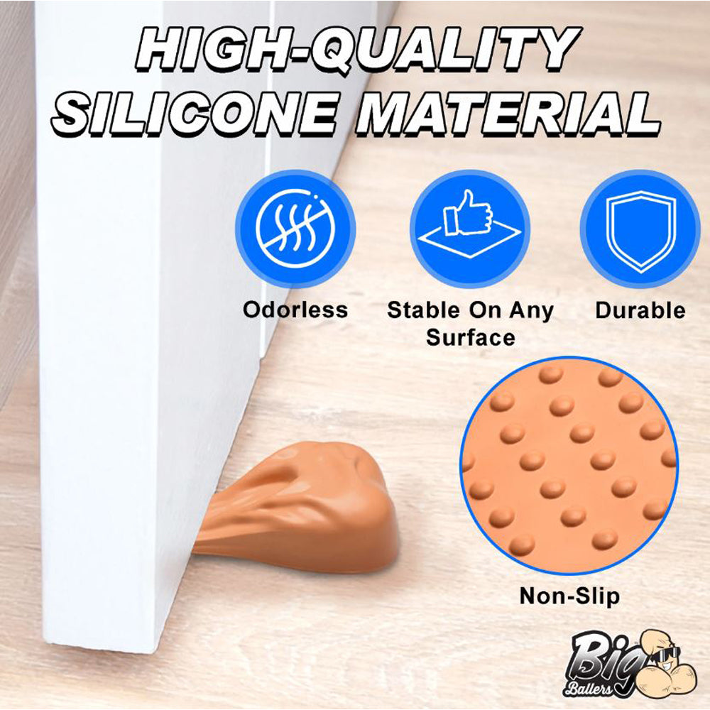 A humorous silicone door stop with a non-slip base.
